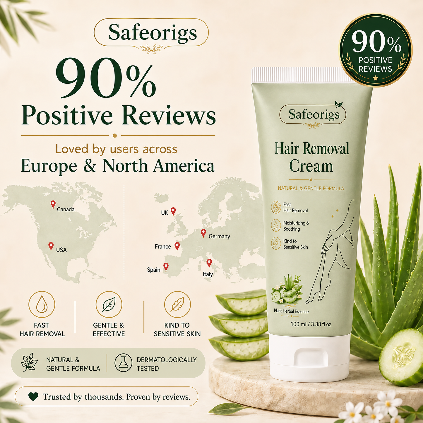Safeorigs  Natural Gentle Hair Removal Cream | For Women & Men, Sensitive Skin